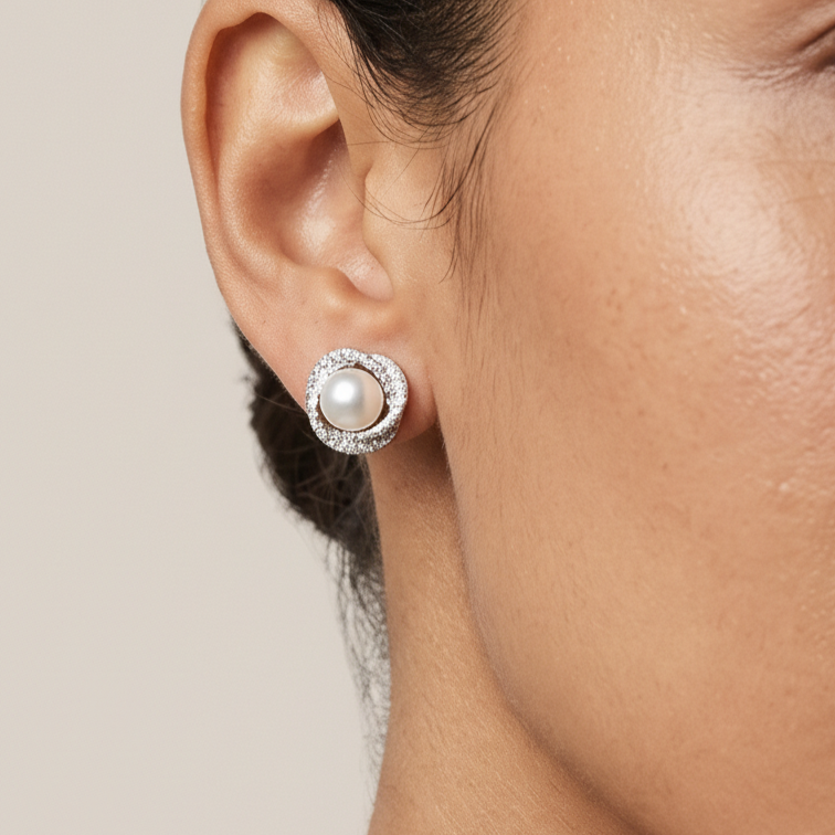 HÉLUNE Argent Lumière Twisted Pearl Halo Stud Earrings