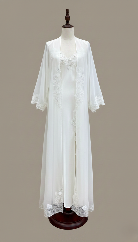HÉLUNE Moonveil Lace Silk Maxi Nightgown | Ivory