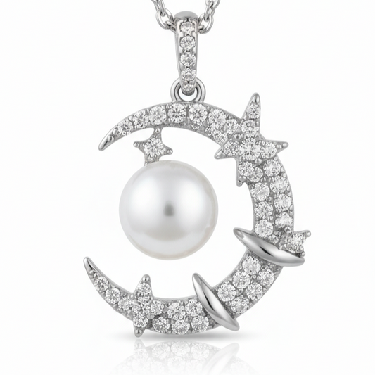 HÉLUNE Argent Lumière Moon & Star Pearl Pendant Necklace