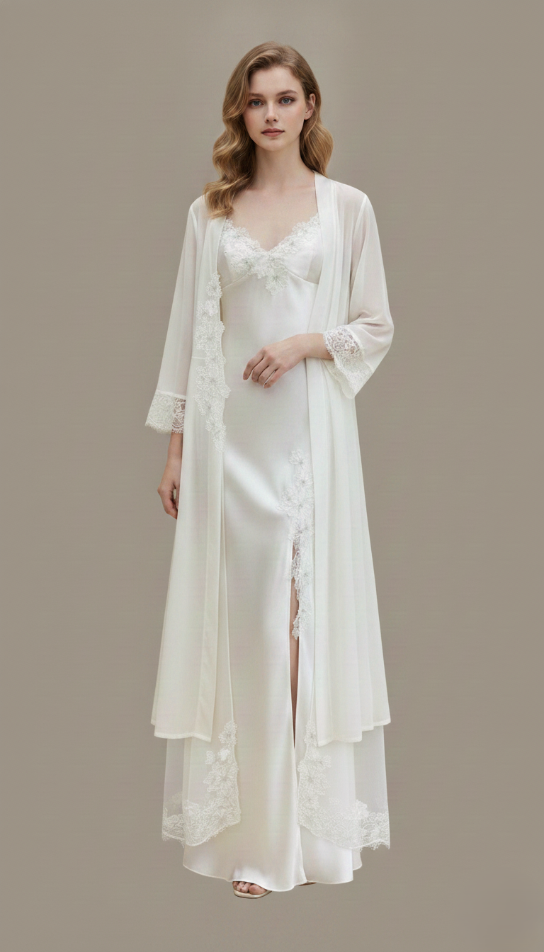 HÉLUNE Moonveil Lace Silk Maxi Nightgown | Ivory