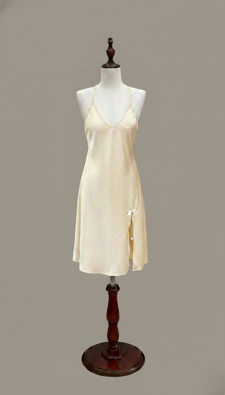 HÉLUNE Moonveil Crescent Silk Mini Nightgown | Champagne Ivory