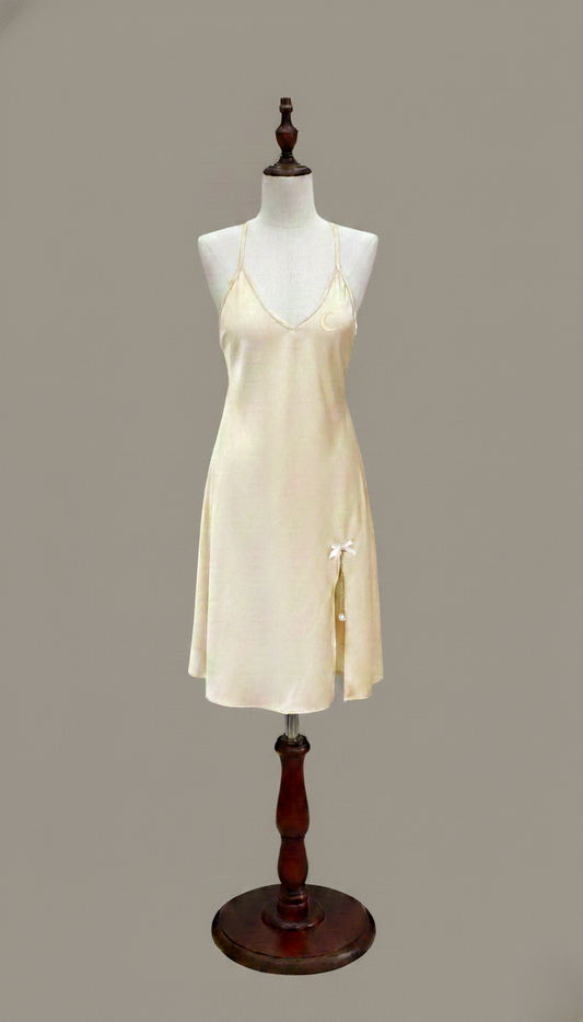 HÉLUNE Moonveil Crescent Silk Mini Nightgown | Champagne Ivory