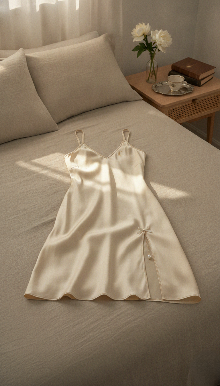 HÉLUNE Moonveil Crescent Silk Mini Nightgown | Champagne Ivory