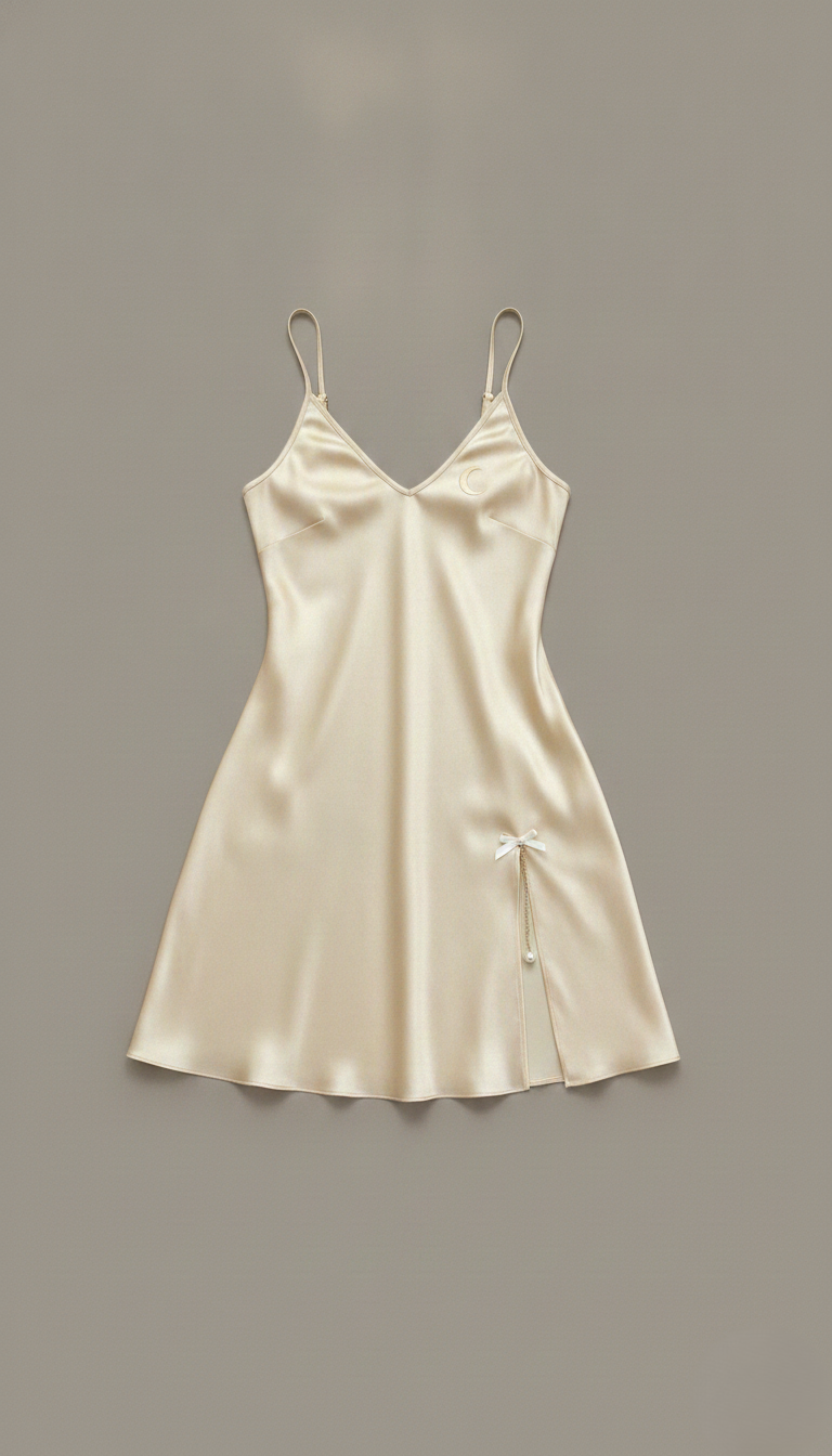 HÉLUNE Moonveil Crescent Silk Mini Nightgown | Champagne Ivory