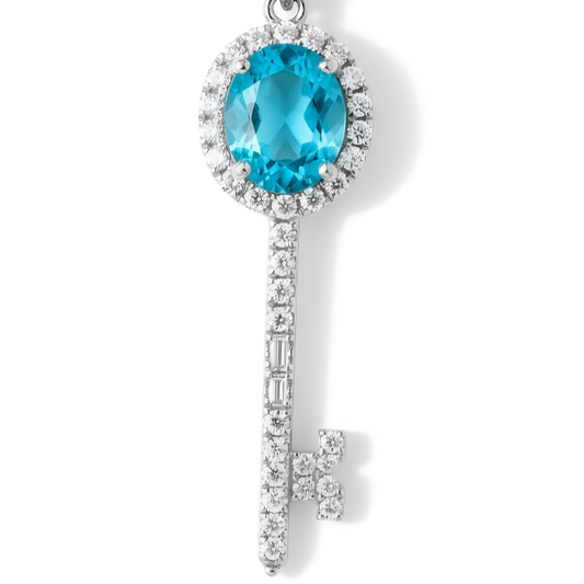 HÉLUNE Argent Lumière Paraiba Sapphire Key Pendant Necklace
