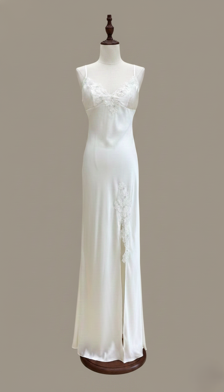 HÉLUNE Moonveil Lace Silk Maxi Nightgown | Ivory