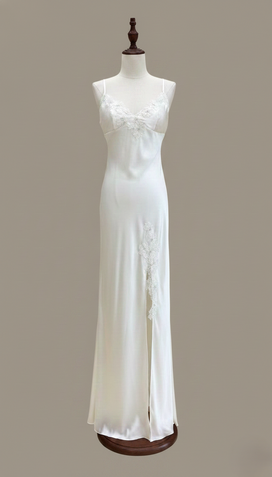 HÉLUNE Moonveil Lace Silk Maxi Nightgown | Ivory