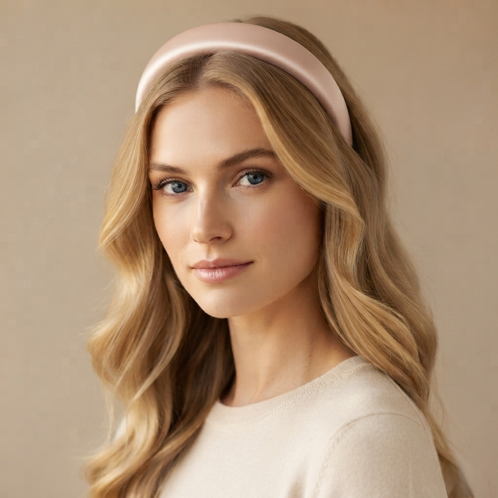 HÉLUNE Nude Pink 1cm Thin Pure Silk Padded Headband, 15cm Minimalist Luxury Hair Hoop for Daily Makeup, 12 Solid Colors Available